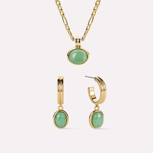 Vintage 14K Gold Plated Stainless Steel Figaro Chain Necklace Natural Green Aventurine Stone Pendant Jewelry Set For Women