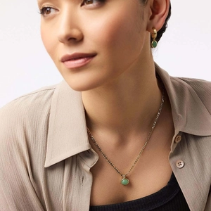 Minimalist 14K gold plated necklace and earrings set with green aventurine natural stone