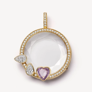 Golden round glass locket pendant with purple heart gem and white faceted stones