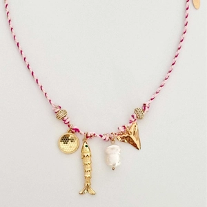 Pink braided cord necklace with gold fish, shell, pearl and geometric charms