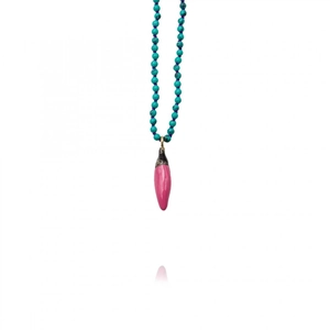 Ethnic 18k gold plated beaded necklace with blue turquoise beads and pink chili pendant