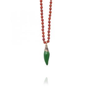 Handmade beaded necklace with red agate beads and green chili pepper pendant in 18k gold