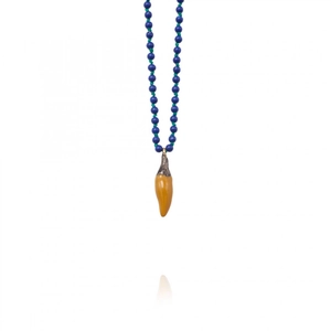 Bohemian style beaded necklace with a yellow chili pendant and vibrant blue beads