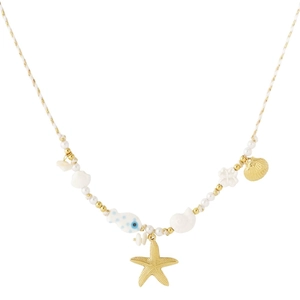 Collier avec pendentif étoile de mer et poisson, perles et placage en or 18 carats