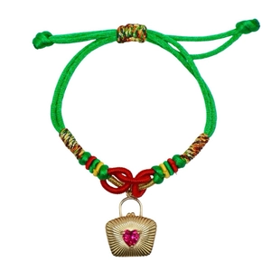 Adjustable green cord knotted bracelet with 18K gold heart pendant and colorful weaving