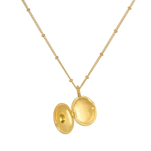 18k gold plated stainless steel locket necklace with green birthstone on white background