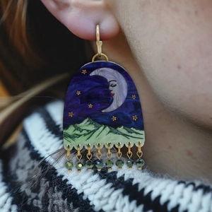 Artistic arch earrings with crescent moon mountain landscape and emerald green beads