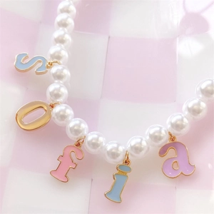 18K gold plated stainless steel pearl necklace with colorful SOFIA letter pendants