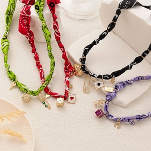 Colorful tourmaline beaded silk scarf necklaces with creative charms and paisley fabric