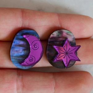 Artistic gold-plated copper earrings with purple celestial sun and moon patterns