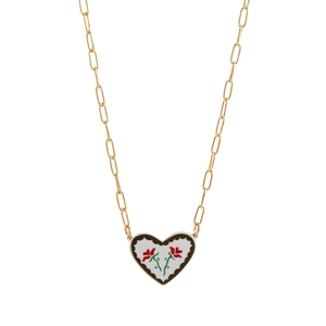 Gouden 14K ketting met hartvormige keramische hanger en rode rozenbloemmotieven erop