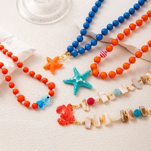 Summer Ocean Theme Beaded Necklace Colorful Resin Crab Starfish Fish Shell Pendant Beach Vacation Jewelry For Women