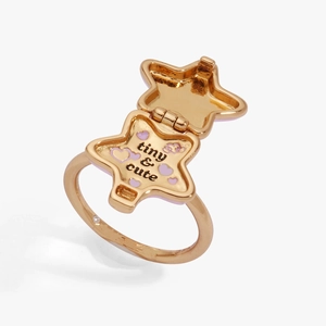 Detail of star-shaped locket ring with tiny and cute engraving inside the golden band