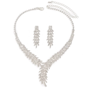 Luxury silver floral rhinestone necklace and drop earrings set for wedding and party