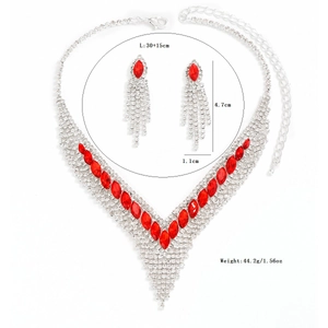 Luxurious wedding jewelry set featuring a red gemstone V-necklace and drop tassel earrings