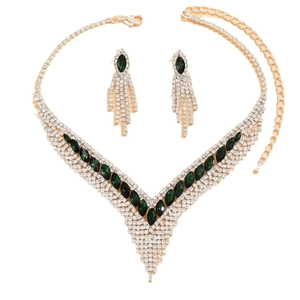 Luxurious silver necklace and drop earrings set with green gemstones and white rhinestones
