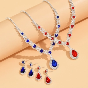 Elegant waterdrop crystal jewelry set with sapphire and ruby necklaces and matching earrings