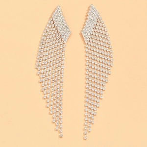 Boucles d'oreilles pendantes argentées avec strass brillants en cascade de plumes