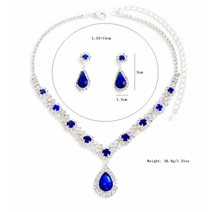 Elegant water drop blue crystal necklace and earrings jewelry set with white zircon trim