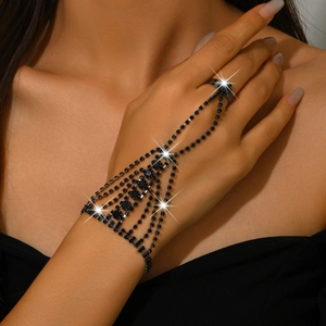 Detailed close-up of a black rhinestone bracelet ring combo on female hand