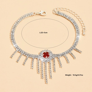 Bracelet de cheville argenté avec strass rouge et pampilles en cristal brillant