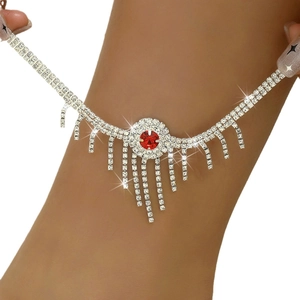 Bracelet de cheville argenté avec cristal rouge et glands de strass pour mode de plage