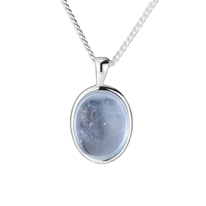 Elegant silver necklace featuring an oval blue crystal pendant on a white background