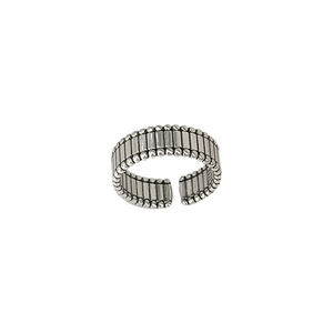 Retro Thai silver open ring with vertical stripes and beaded edges for women