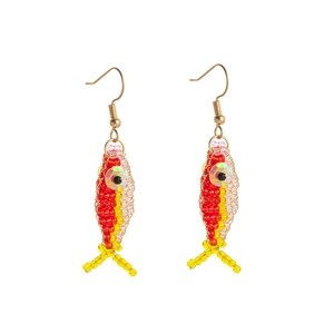 Handmade colorful beaded fish drop earrings with vibrant red and yellow finish
