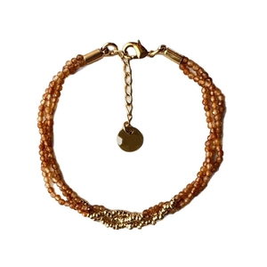 Three-layer bohemian turquoise gold bracelet with red garnet beads and adjustable chain