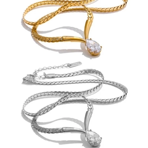 Stylish stainless steel flat snake bone necklace with large pear cut marquise zircon pendant
