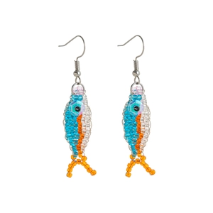 Detailed view of handmade colorful seed bead fish drop earrings with silver hooks