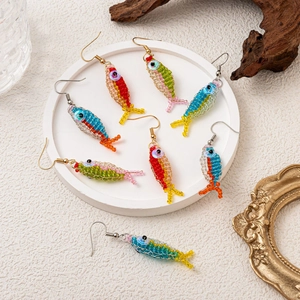Handmade colorful beaded fish earrings with gold-plated hooks in vibrant multi-color styles
