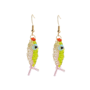 Handmade colorful beaded fish earrings with vibrant colors and gold hooks on white background