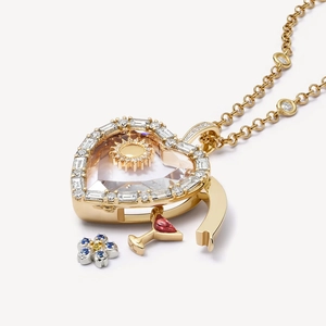 18K gold heart locket necklace with transparent crystal inlay and sun charm