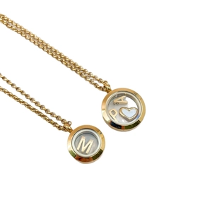 Golden 18k plated circular locket necklace with floating heart and letters