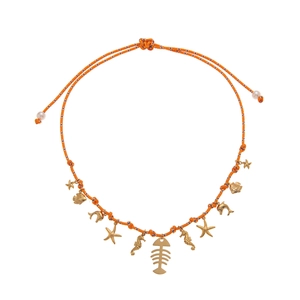 Detail of nautical rope necklace with 18K gold-plated sea charms and pearls