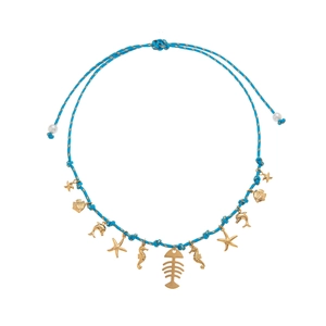 Sky blue woven ocean necklace with gold sea charms and elegant white pearls