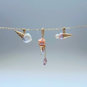 Vintage 14K Vergoldete Kupfer Eistüte Imitationsperle Anhänger Halskette Strass Zweilagig Verschluss Halskette Damen Schmuck