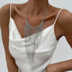 Punk Metal Mesh Chain Fringe Tassel Statement Bib Necklace For Women Heavy Duty V-Shaped Bohemian Fashion Jewelry