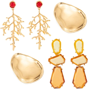 Golden coral branch and irregular metal studs with amber resin faceted earrings set