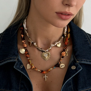 Retro silk ribbon choker necklace set with crystal heart and cross pendants