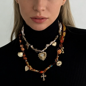 Retro silk scarf choker necklace with sun heart cross charms and sparkling rhinestones