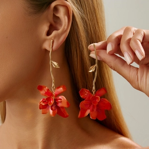 Artistic red flower drop earrings with golden vine details and elegant metal leaf accents