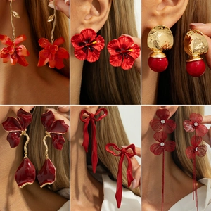 Vintage Red Bowknot Flower Drop Earrings Gold Plated Alloy Enamel Floral Tassel Earrings For Women Party Wedding Jewelry
