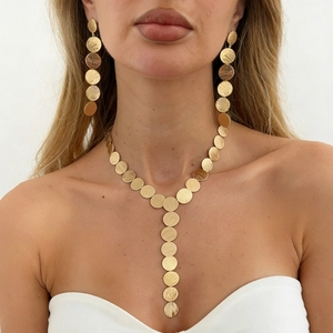 Modern Minimalist Iron Alloy Brushed Round Disc Jewelry Set Necklace Long Drop Earrings Gold Silver Women Fashion Jewelry