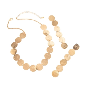 Golden brushed metal geometric disc necklace and matching fringe earrings jewelry set