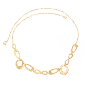 Detail of adjustable golden lobster clasp and hollow circular links of the body chain