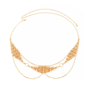 Detail of layered gold metal waist chain featuring woven diamond fan charms and lobster clasp