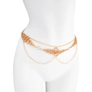 Golden multi-layer metal waist chain with woven textures and tassels on a white mannequin